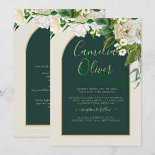 Forest Green Gold White Roses Winter Wedding Invitation