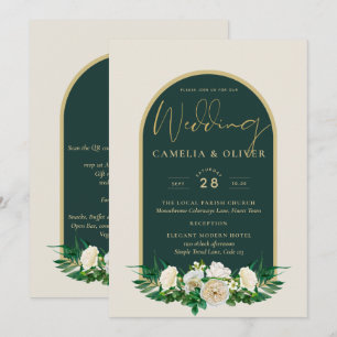 Forest Green Gold White Roses Winter Wedding Invitation