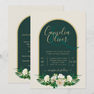 Forest Green Gold White Roses Winter Wedding Invitation