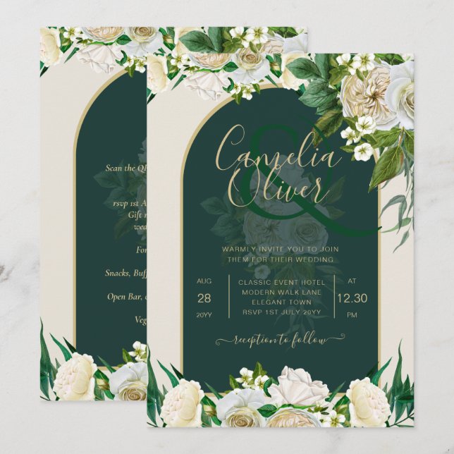 Forest Green Gold White Roses Winter Wedding Invitation (Front/Back)