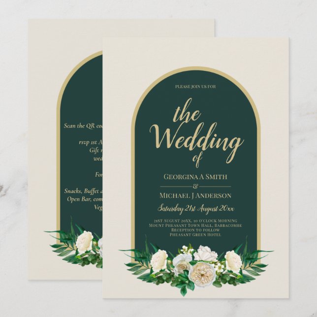 Forest Green Gold White Roses Winter Wedding Invitation (Front/Back)