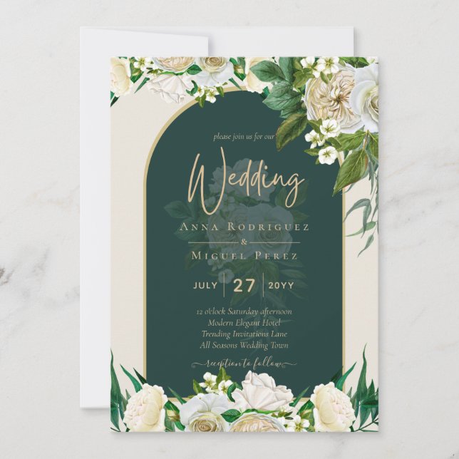 Forest Green Gold White Roses Winter Wedding Invitation (Front)
