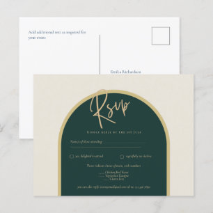 Forest Green Gold White Roses Winter Wedding RSVP Postcard
