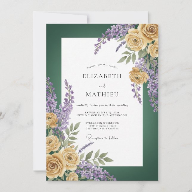 Forest Green Golden Rose Wedding Invitation (Front)