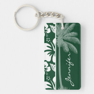 Forest Green Hawaiian Tropical Hibiscus; Palm Key Ring