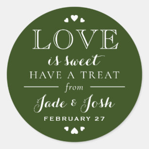 Forest Green Hearts Love is Sweet Wedding Favour Classic Round Sticker