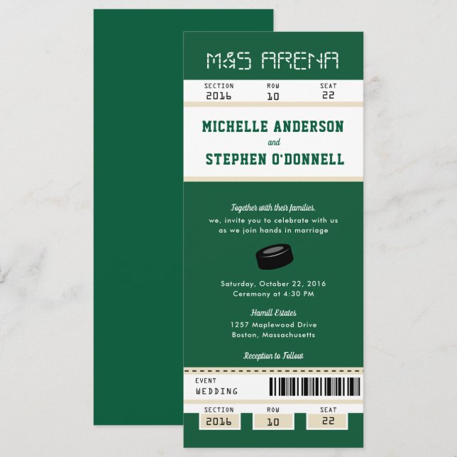 Forest Green Hockey Ticket Wedding Invitation (Front/Back)