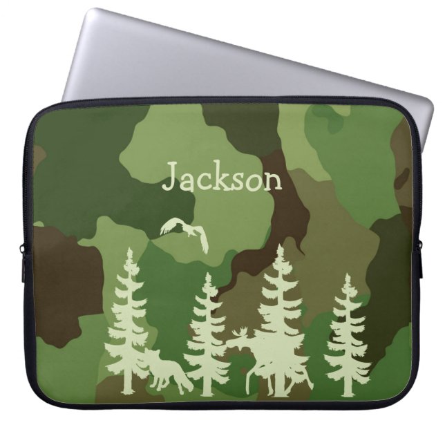 Forest green hunters camouflage and wildlife print laptop sleeve (Front)