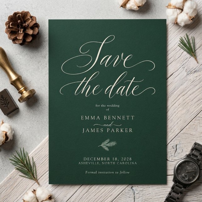 Forest Green Ivory Script Christmas Wedding Save The Date (Creator Uploaded)