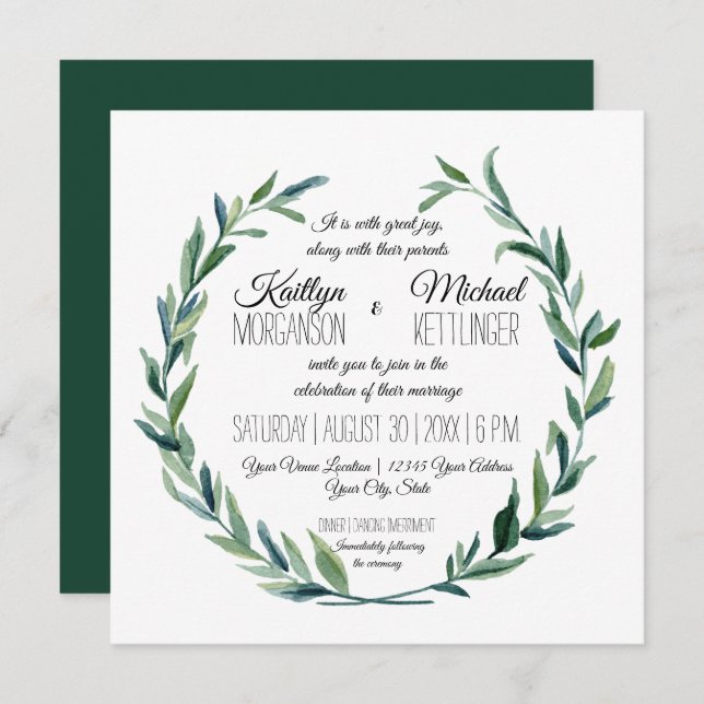 Forest Green Laurel Wreath Leaf Branch Modern Invitation (Front/Back)