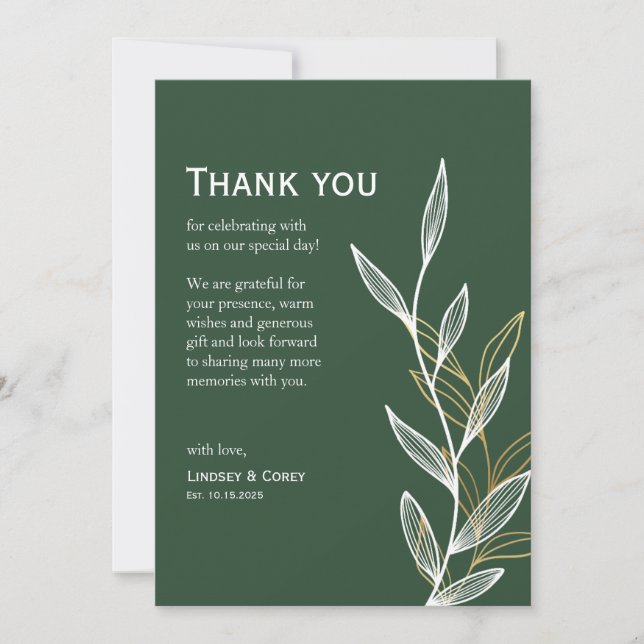 Forest Green Leaf Thank You Card for Wedding (Front)