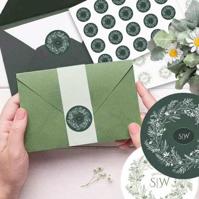 Forest Green Leafy  Wreath Monogram Nature Classic Round Sticker (Creator Uploaded)