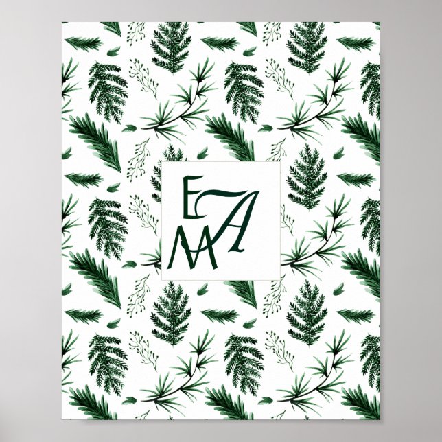 Forest Green Leaves 3 Monogram Newlyweds Decor (Front)