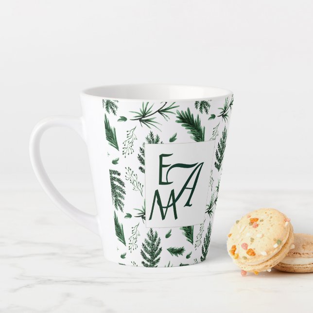 Forest Green Leaves 3 Monogram Newlyweds Decor Latte Mug (In Situ)