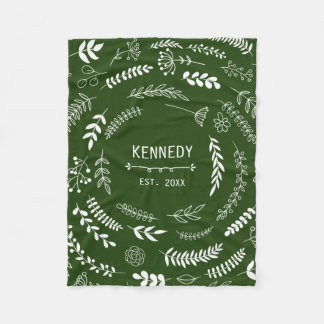 Forest Green Leaves Floral Monogram Pattern Fleece Blanket