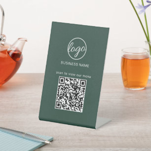 Forest Green Menu Restaurant Business Logo QR code Pedestal Sign