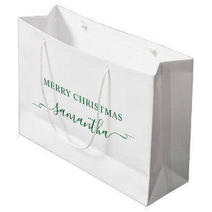 Forest Green Merry Christmas Ribbon Swash Name Large Gift Bag