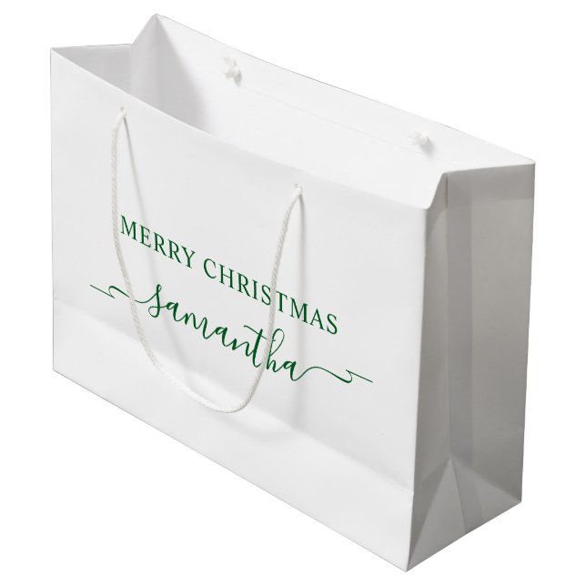 Forest Green Merry Christmas Ribbon Swash Name Large Gift Bag (Front Angled)