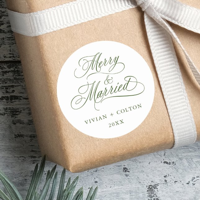 Forest Green Merry & Married Newly Weds Christmas  Classic Round Sticker (Creator Uploaded)
