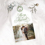 Forest Green Merry & Married Newly Weds Photo Gift Tags<br><div class="desc">This Christmas gift tag features elegant and romantic swirly calligraphy lettering with a photo,  and a simple Christmas wreath pattern on the back. For more advanced customisation of this design,  please click the BLUE DESIGN TOOL BUTTON above!</div>