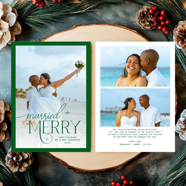 Forest Green Merry & Married Photo Christmas Holiday Card (Creator Uploaded)