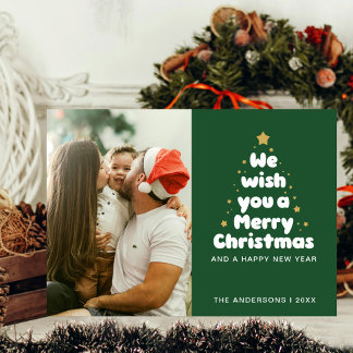 Forest Green Merry Tree Childish Family Kiss Holiday Card