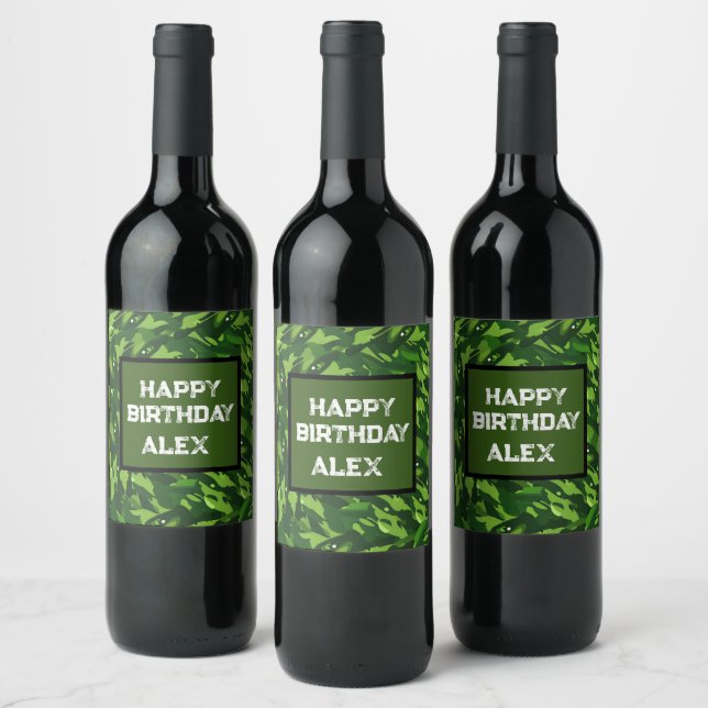 Forest Green Military Camouflage Pattern Wine Label (Bottles)