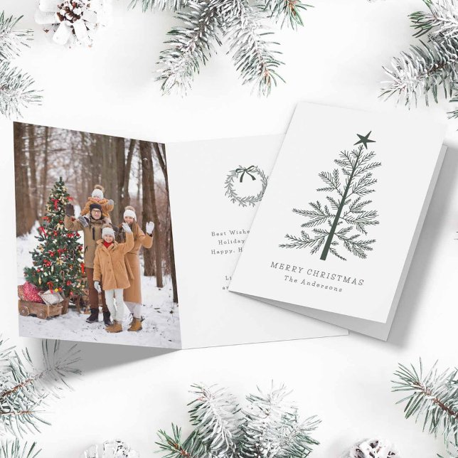 Forest Green Minimal Christmas Pine Tree Photo  Holiday Card (Front & Inside)