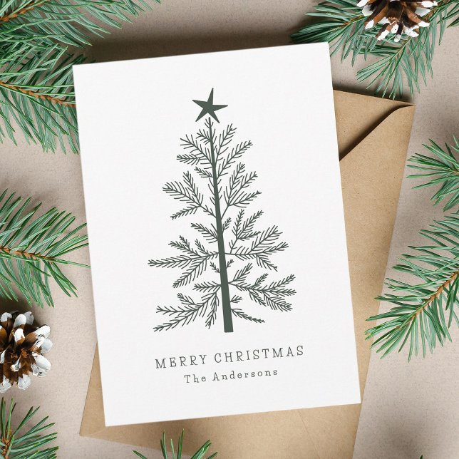 Forest Green Minimal Christmas Pine Tree Photo Holiday Card (Creator Uploaded)