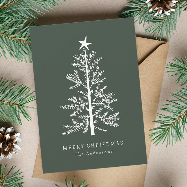 Forest Green Minimal Christmas Pine Tree Photo Holiday Card (Creator Uploaded)