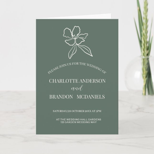 Forest Green Minimal Floral Wedding  Invitation (Front)