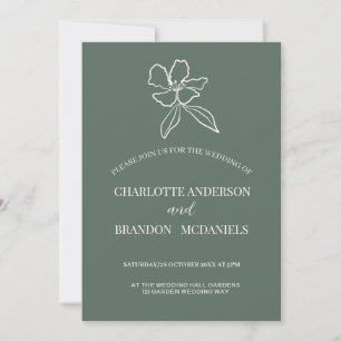 Forest Green Minimal Floral Wedding  Invitation