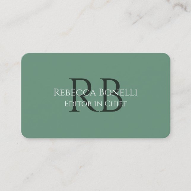 Forest Green Minimalist Monogram Editor in Chief Business Card (Front)
