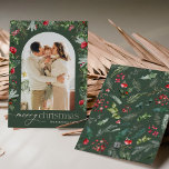 Forest Green Modern Arch 1 Photo Merry Christmas Holiday Card<br><div class="desc">This collection features watercolor red florals,  berries & winter greenery with modern & elegant typography,  with a winter botanical pattern back.</div>