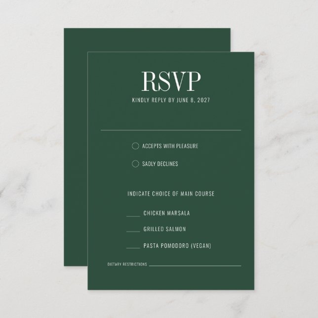 Forest Green Modern Colourful Meal Choice Wedding RSVP Card (Front/Back)