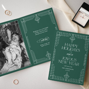 Forest Green Modern Deco Happy Holidays Photo Holiday Card