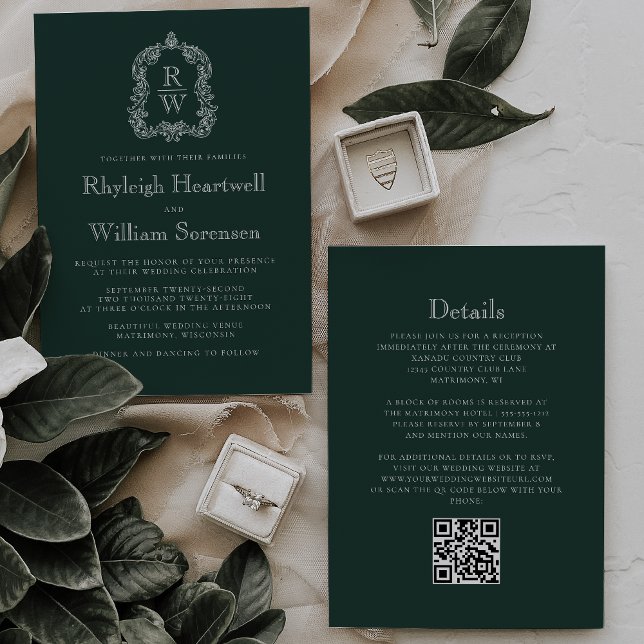 Forest Green Monogram Crest QR Code Wedding Invitation (Creator Uploaded)
