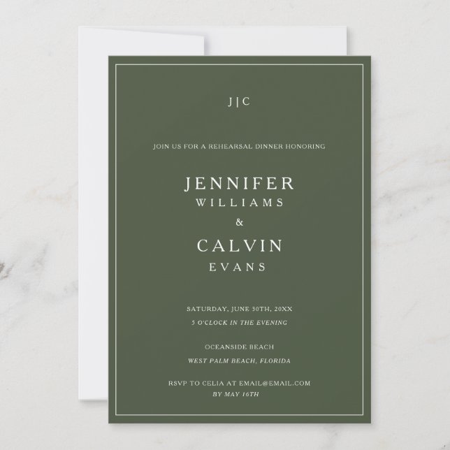 Forest Green Monogram Rehearsal Dinner Invitation (Front)