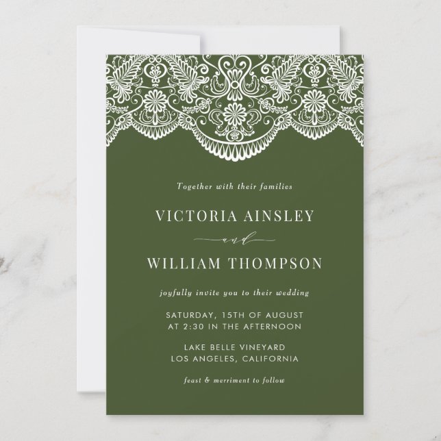 Forest Green Moroccan Lace Mod Wedding Invitation (Front)