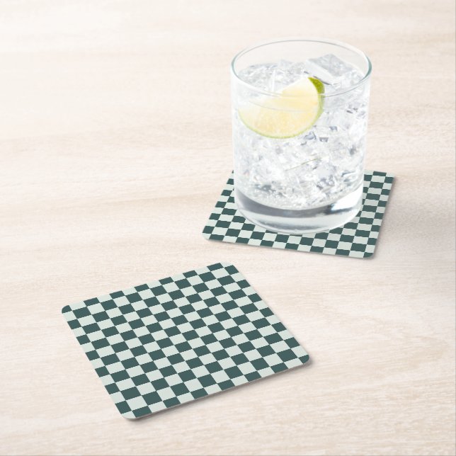 Forest green moss chequerboard pattern square paper coaster (Insitu)