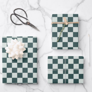 Forest green moss chequerboard pattern wrapping paper sheet