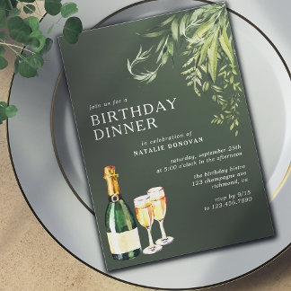 Forest Green Moss Modern Champagne Birthday Dinner Invitation