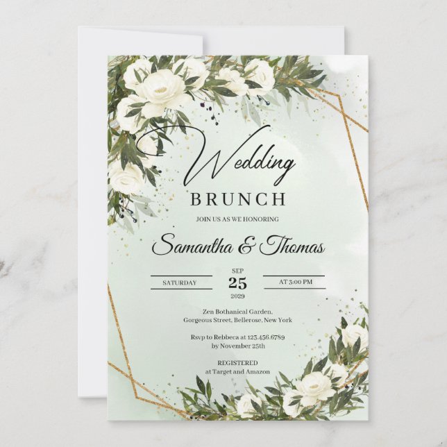 Forest green olive foliage gold wedding brunch invitation (Front)