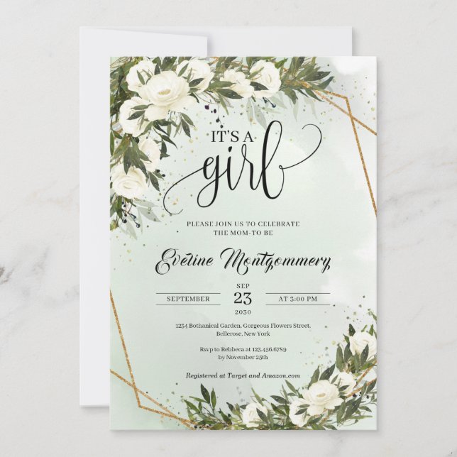 Forest Green Olive foliage White Roses It's a girl Invitation (Front)