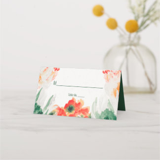 Forest Green, Orange, White Watercolor Floral  Place Card