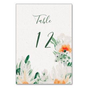 Forest Green, Orange, White Watercolor Floral Table Number
