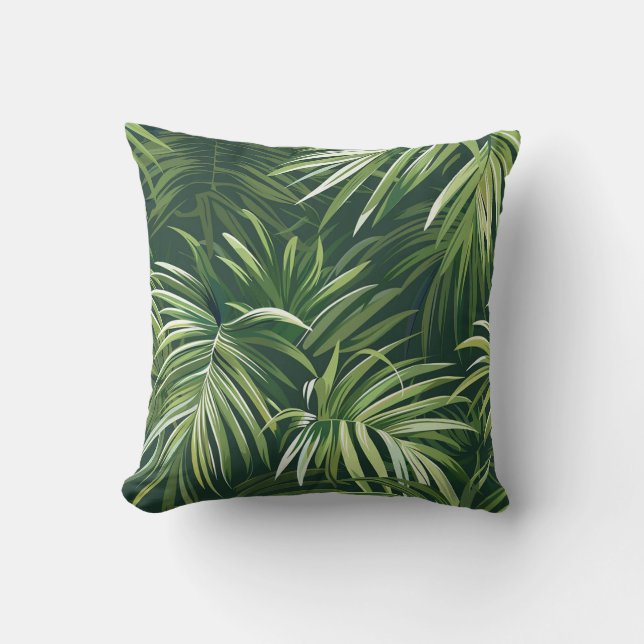 Forest green palm tree leave exotic flora cushion (Front)