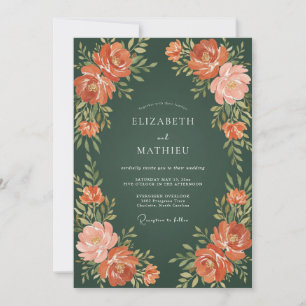 Forest Green Peach Floral Wedding Invitation
