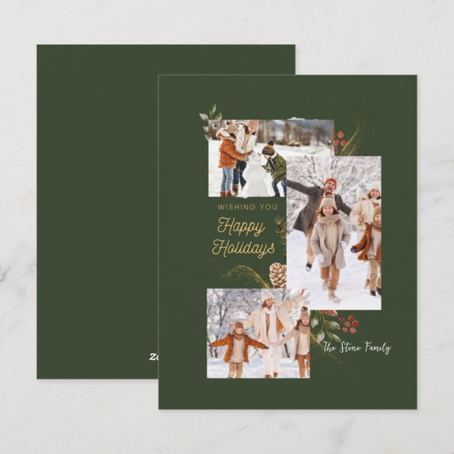 Forest Green Photo Collage Christmas Holiday Card (Front/Back)