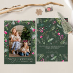 Forest Green Pink Botanical Foliage Arch 1 Photo Holiday Card<br><div class="desc">This collection features watercolor bright pink florals,  berries & winter greenery with modern & elegant typography,  with a winter botanical pattern back.</div>